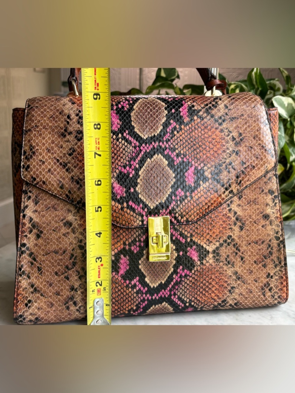 Brahmin Brown & Pink Python-Embossed Satchel with Gold Hardware - Picture 8 of 9